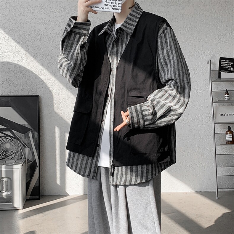 8XL-M特大码衬衫男假两件拼接衬衫新中式坎肩马甲外穿CS508TP68，男装背心/马甲，电商D206-1