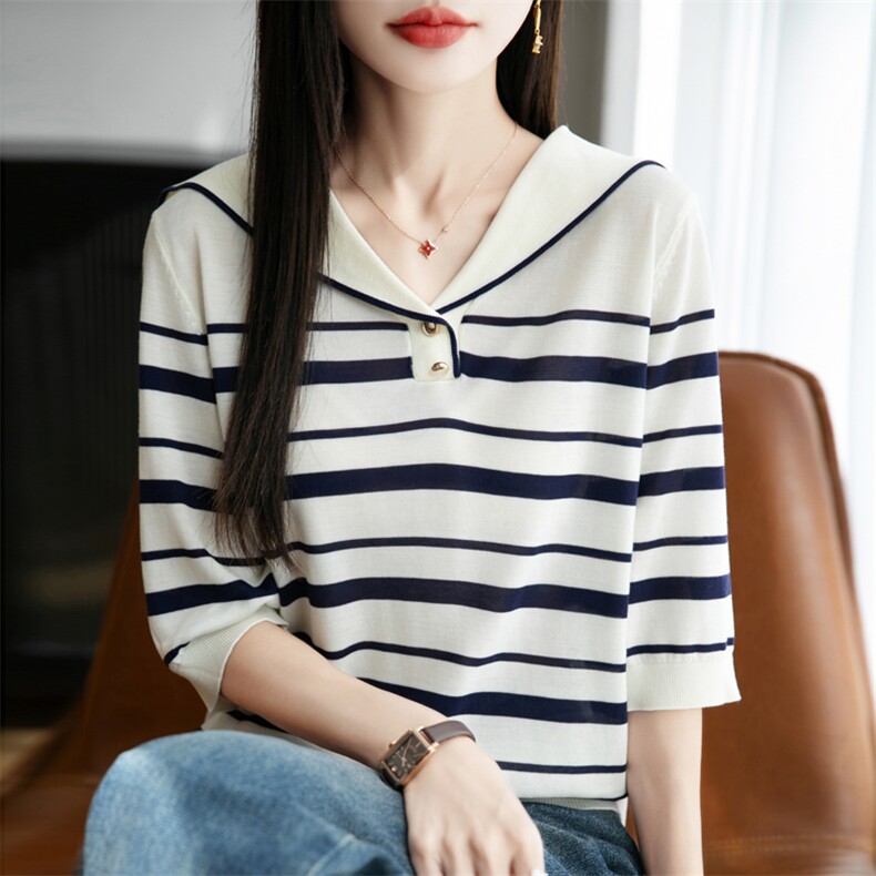 莱赛尔天丝海军领条纹短袖,女装T恤,贵皇网供仓