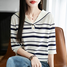莱赛尔天丝海军领条纹短袖，女装T恤，贵皇网供仓