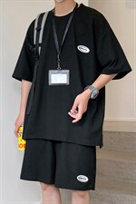 TZ65556/P40华夫格夏季宽松贴标套装男T恤短裤两件套大码港风控78，男装休闲套装，电商A141