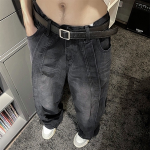 秋冬牛仔裤宽松直筒水洗复古潮流拼接长裤子N03025-P55图片