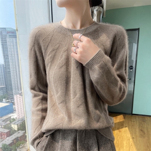 重工100%圆领立体扭花羊绒衫女秋冬加厚软糯慵懒宽松针织打底上衣图片