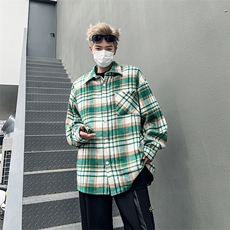 春季格子衬衫男生外套宽松青少年韩版潮流痞帅长袖衬衣上衣，男装衬衫，星座410-7