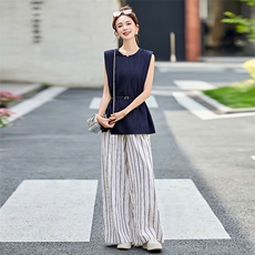 时尚条纹阔腿裤两件套女2025新款夏季无袖背心轻熟风休闲气质套装，女装套装/套裙，韩宇舍