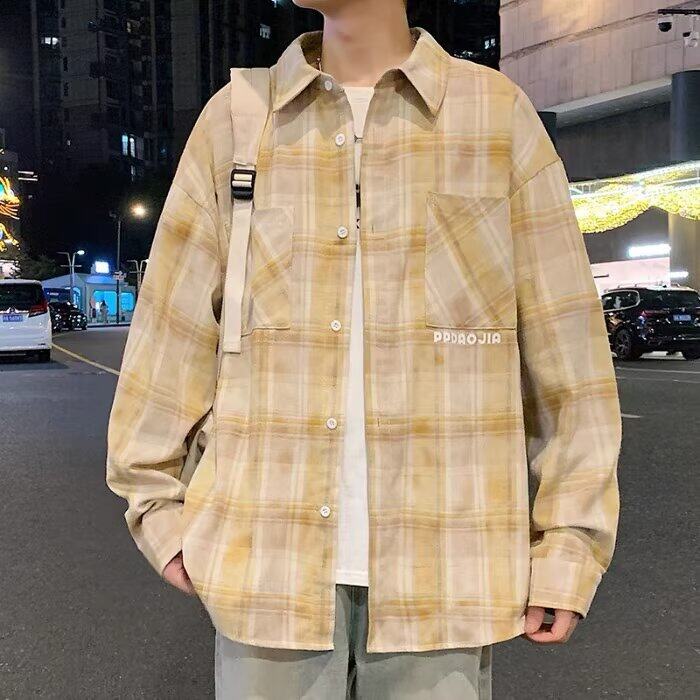 扎染格子衬衫男秋季新款长袖翻领宽松休闲工装衬衣日系百搭外套潮图片