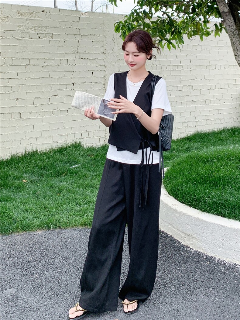 气质轻熟马甲白色T裤子三件套,女装套装/套裙,诺蝶