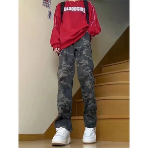 抖音得物美式复古迷彩微喇工装裤男款vibe高街裤子修身牛仔裤AK11图片
