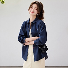 韩系松弛感牛仔衬衫女2026春款刺绣彩扣叠穿百搭长袖上衣宽松显瘦，女装衬衫，艾米
