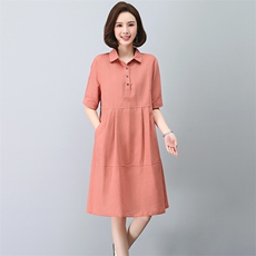 棉麻连衣裙女夏季2025新款大码宽松显瘦法式气质妈妈亚麻衬衫裙子，女装连衣裙，忆绮罗