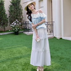 现货主推新款重工艺百搭休闲夏季设计精美拼接天丝麻套裙两件套，女装套装/套裙，韩美纤衣