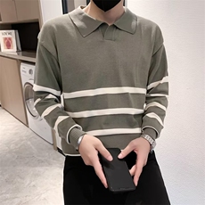条纹翻领毛衣男舒适外穿版撞色针织衫休闲时尚微阔上衣S528-P48，男装针织衫/毛衣，星座1109-3