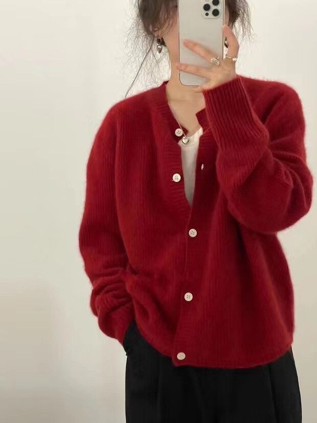 新款桂花羊毛针织开衫女V领长袖宽松显瘦百搭毛衣外套图片