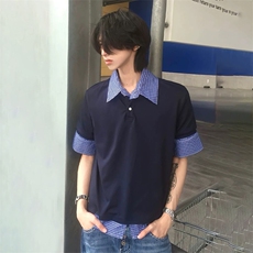 得物抖音高品质二开夏季美式潮牌高街假两件格子衬衣翻领短袖T恤，男装T恤，电商A486
