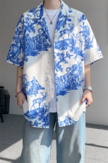 8XL-M天丝亚麻清爽晕染古巴领短袖衬衫男半截袖冰丝衬衣CS525P58，男装衬衫，电商D206-1