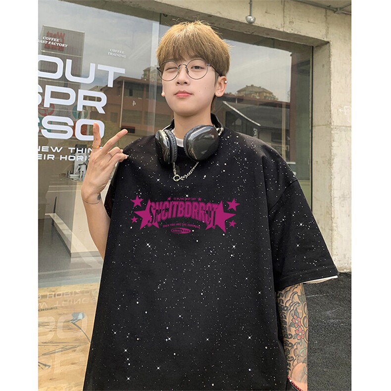 可48小时发货支持抖音得物来样二开美式满天星亮片短袖T恤MTX668，男装T恤，电商A486-1