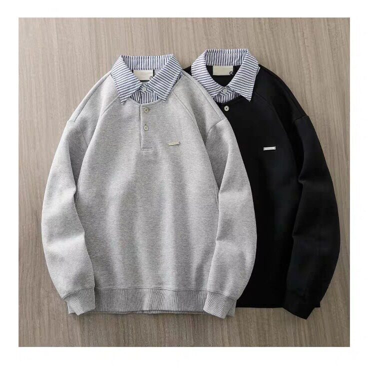 0D629-P48春季假两件衬衫拼接亨利领卫衣外套男韩系宽松polo领,男装衬衫,电商B323A