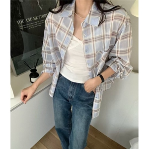 实价蓝色格子衬衫女2025早春外搭设计感小众时尚外穿衬衣夏季外套图片