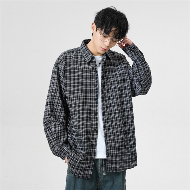 春季潮流格子衬衫男港风休闲长袖外套青少年男装2377P35图片