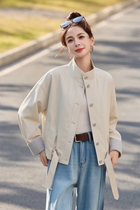 现货宽松拼色格子立领短外套女图片