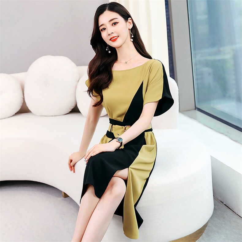 2021年夏季高腰圆领套头短袖收腰显瘦气质优雅拼接色连衣裙,女装连衣裙,仟媚宠