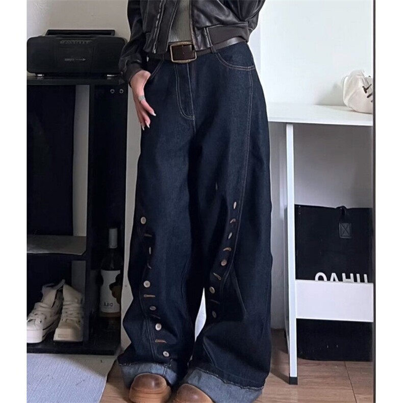 美式复古设计感多排扣眼弯刀牛仔裤慵懒松弛感休闲阔腿拖地裤子图片