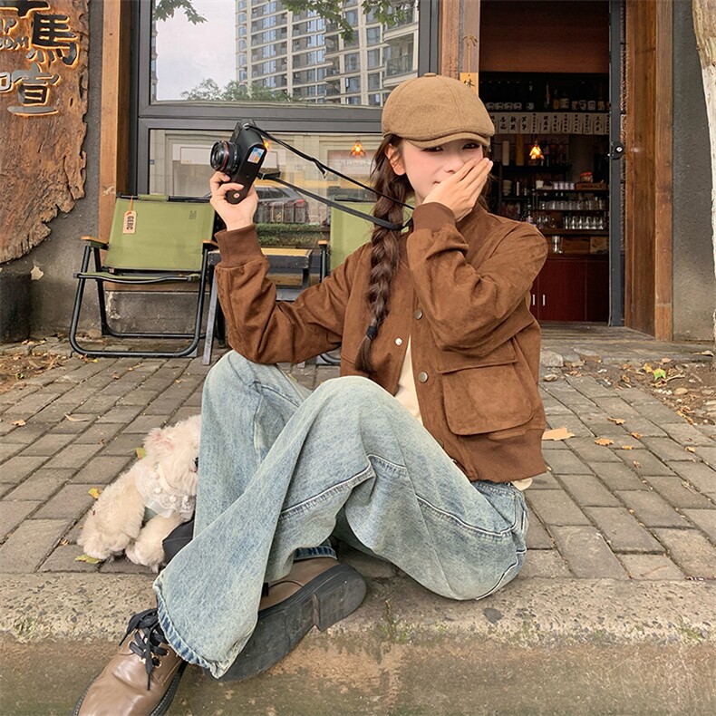 美拉德咖色工装外套女春秋2025新款超火好看高级小众复古夹克上衣,女装短外套,2C025