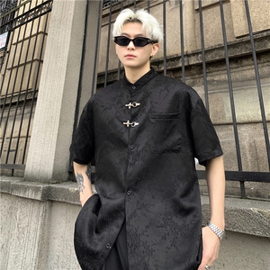 潮新中式金属装饰高级感衬衫男女衬衫复古潮流百搭情侣衬衣P48图片