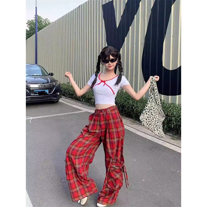 网图片格子红色裤子女2025新款阔腿休闲拖地裤子潮K5873-P43,男装休闲裤,星座412