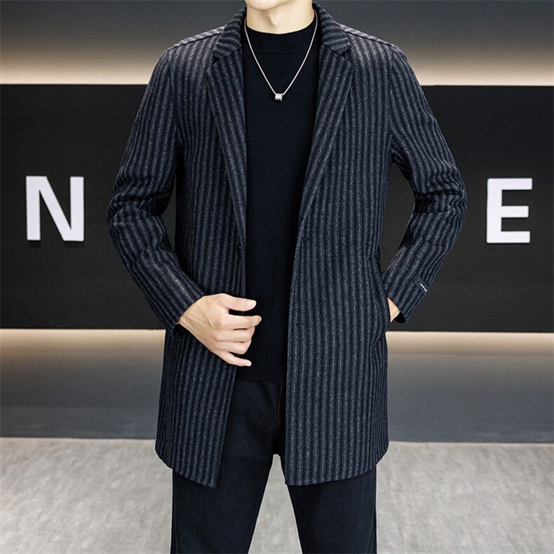 2025年英伦风宽松外套男双面条格50%羊毛毛呢长款大衣582216P160,女装短外套,星座301B-1