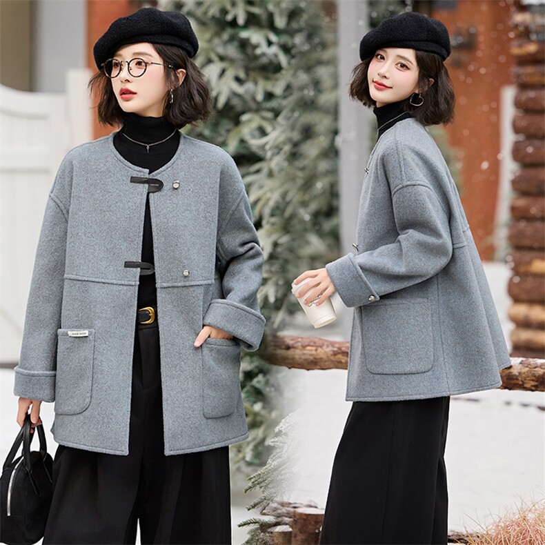 2024新款双面羊绒大衣中长款保暖手工缝制羊毛圆领大衣外套，女装双面呢大衣，流量+