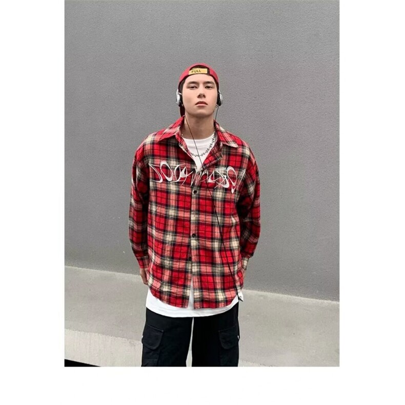 1506/QC060/P36美式刺绣红色小众设计感宽松慵懒风学生衬衣外套,男装衬衫,星座1506