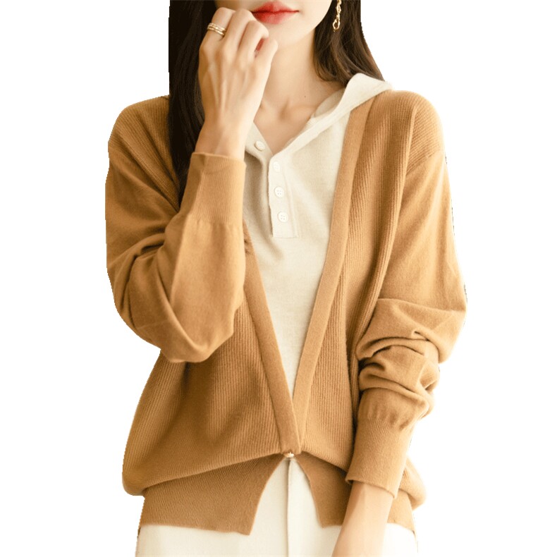 2025秋冬新款假两件拼色连帽针织衫女带帽毛衣宽松舒适外套上衣,针织衫/毛衣,佳绒包芯纱店