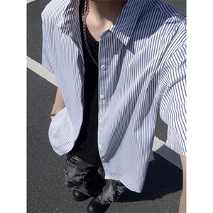 B221 美式ins高街宽松薄款条纹短袖衬衫SY2552-特P28控49图片
