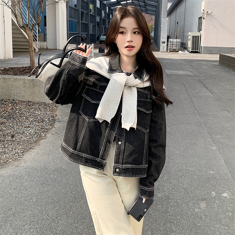 时尚女装牛仔外套加披肩设计黑牛兰牛两色可选百搭显瘦款，女装牛仔外套，鑫慧