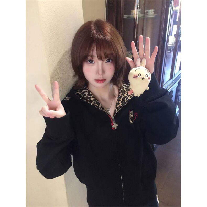 美式复古小恶魔豹纹刺绣卫衣男女外套宽松连帽设计感情侣开衫春秋,女装短外套,星座601-1