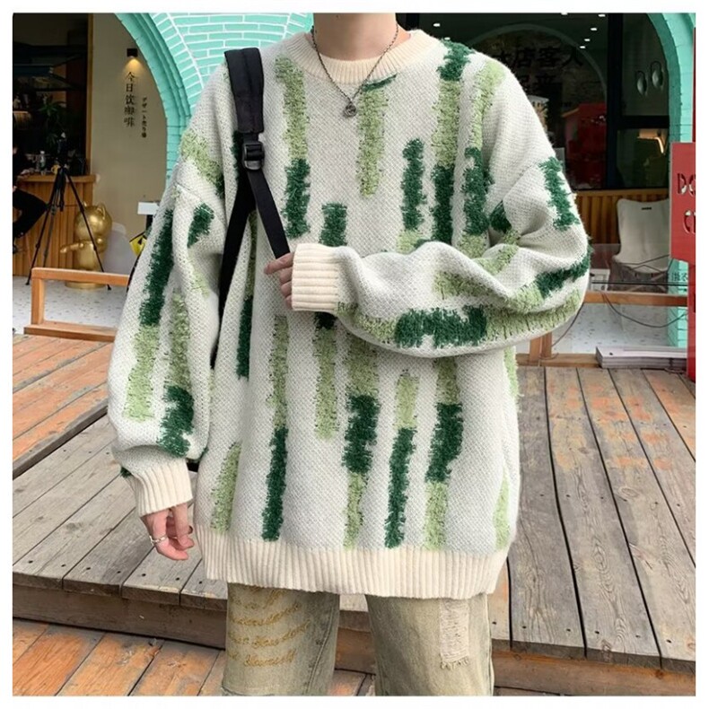 植绒提花情侣毛衣秋季ins美式潮流套头针织衫宽松慵懒风情侣外套图片