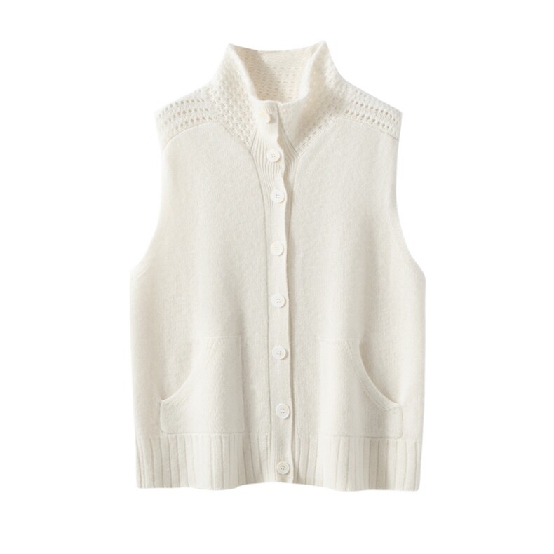 HE|勾花镂空叠穿baby山羊绒针织马甲女立领宽松带兜毛衣开衫外套，女装马甲，雪山红莲