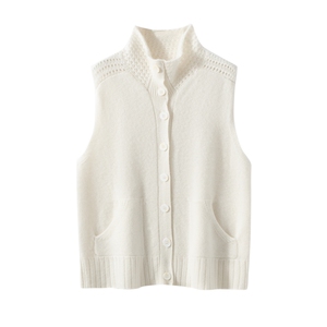 HE|勾花镂空 叠穿baby山羊绒针织马甲女立领宽松带兜毛衣开衫外套，女装马甲，雪山红莲