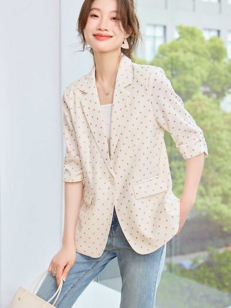 现货！！！！！！棉麻波点西装外套五分袖~,女装短外套,素月