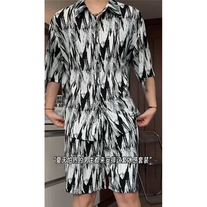 短袖衬衫男+短裤男套装男100%聚酯纤维M-5XL大码TZ78721P50控98,粉色雪纺短裤搭配图片