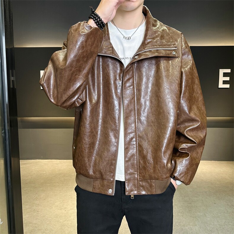 春季潮牌皮衣美式复古情侣翻领PU皮休闲宽松皮夹克外套JK0263-P78,男装夹克,星座308B-2