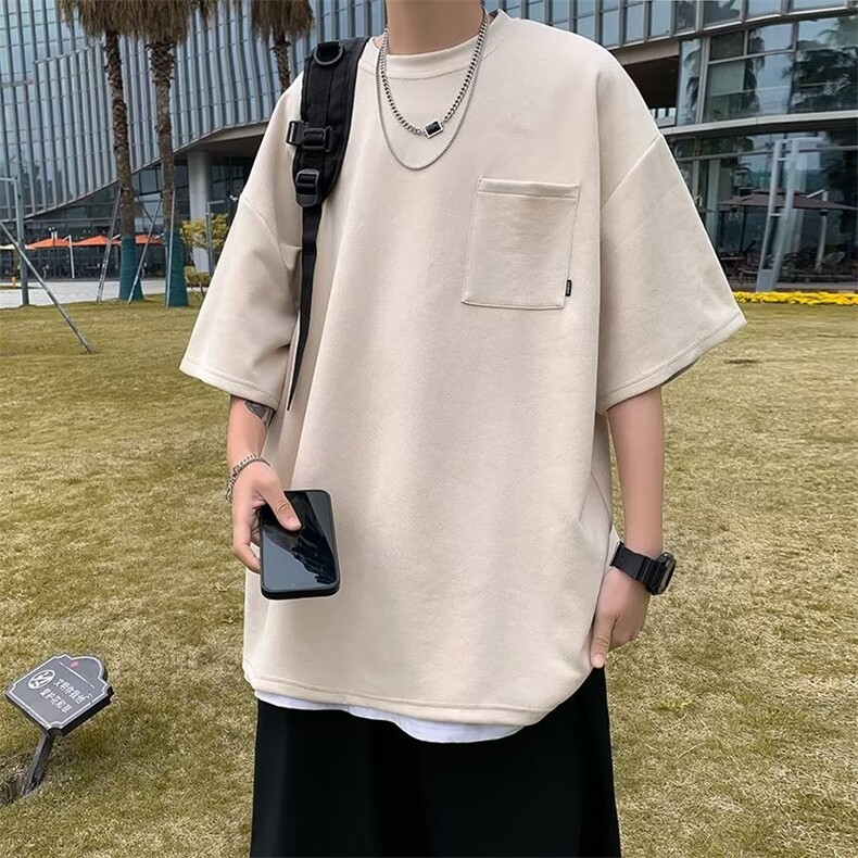 鹿皮绒五分袖港风口袋纯色青春流行男圆领夏季潮流T恤TX241P33,男装T恤,星座410-2