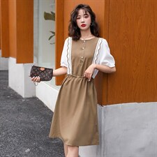 2022年夏季简约时尚铜氨丝拼接显瘦中长连衣裙，女装连衣裙，韩蜜菓