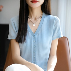 通勤简约V领冰丝短袖针织开衫女2025夏新款轻薄显瘦小衫百搭上衣，女装T恤，佳绒包芯纱店