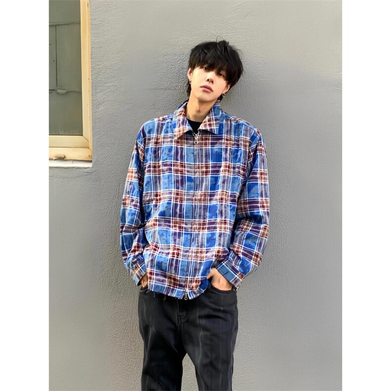 【有货】毛边破坏格子衬衫男长袖高级感拉链衬衣外套2503CC-特P45图片