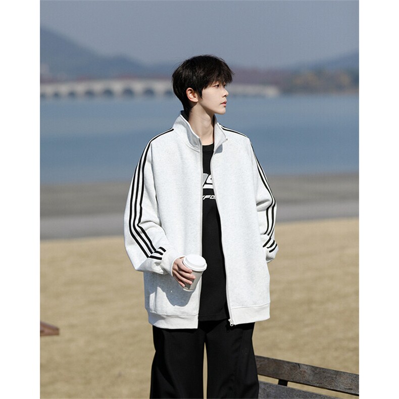8XL-M三条杠运动卫衣特大码美式条纹立领夹克开衫外套JK5205/P65图片