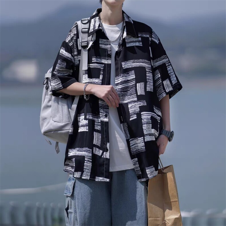 条纹短袖衬衫男生夏季薄款冰丝透气衬衣大码外穿痞帅宽松休闲外套,男装T恤,星座715-7