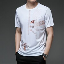 夏季青年男士短袖T恤丝光棉圆领休闲印花冰丝中年男上衣半袖P34，男装T恤，钱塘6003A(原)4033A