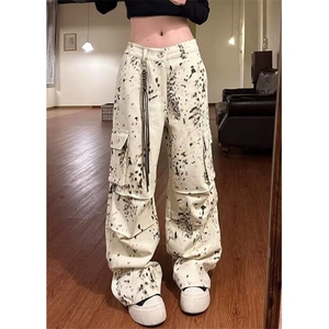 春季美式高街潮牌扎染宽松阔腿裤子潮嘻哈直筒工装裤男 K6155图片