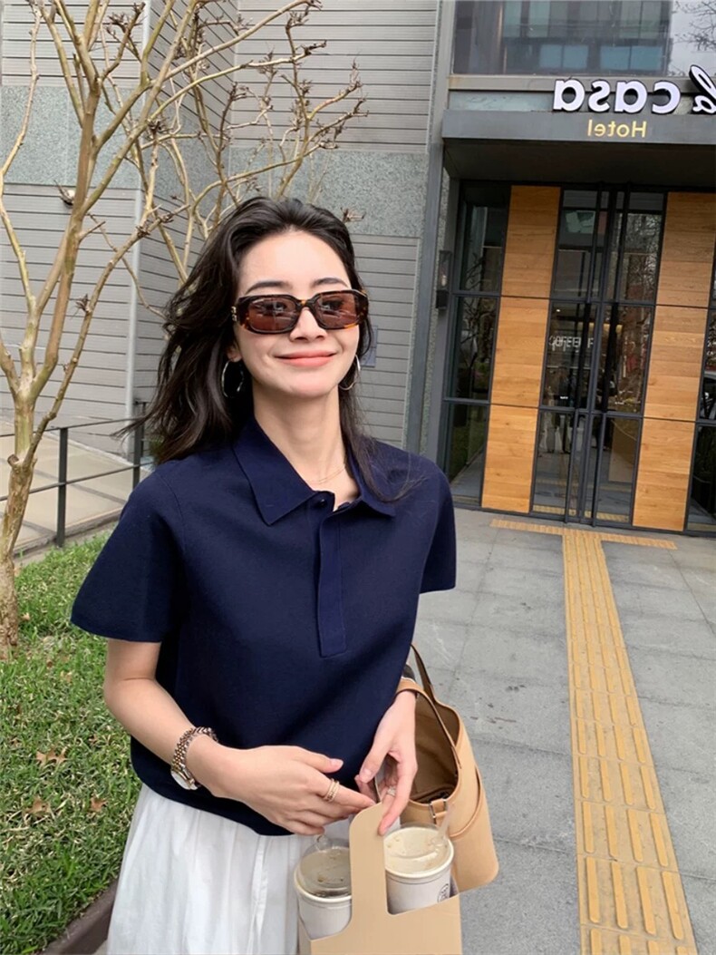 韩版针织短袖t恤polo衫女2025新款翻领纯色夏季正肩体恤上衣半袖,女装T恤,雪真羊绒
